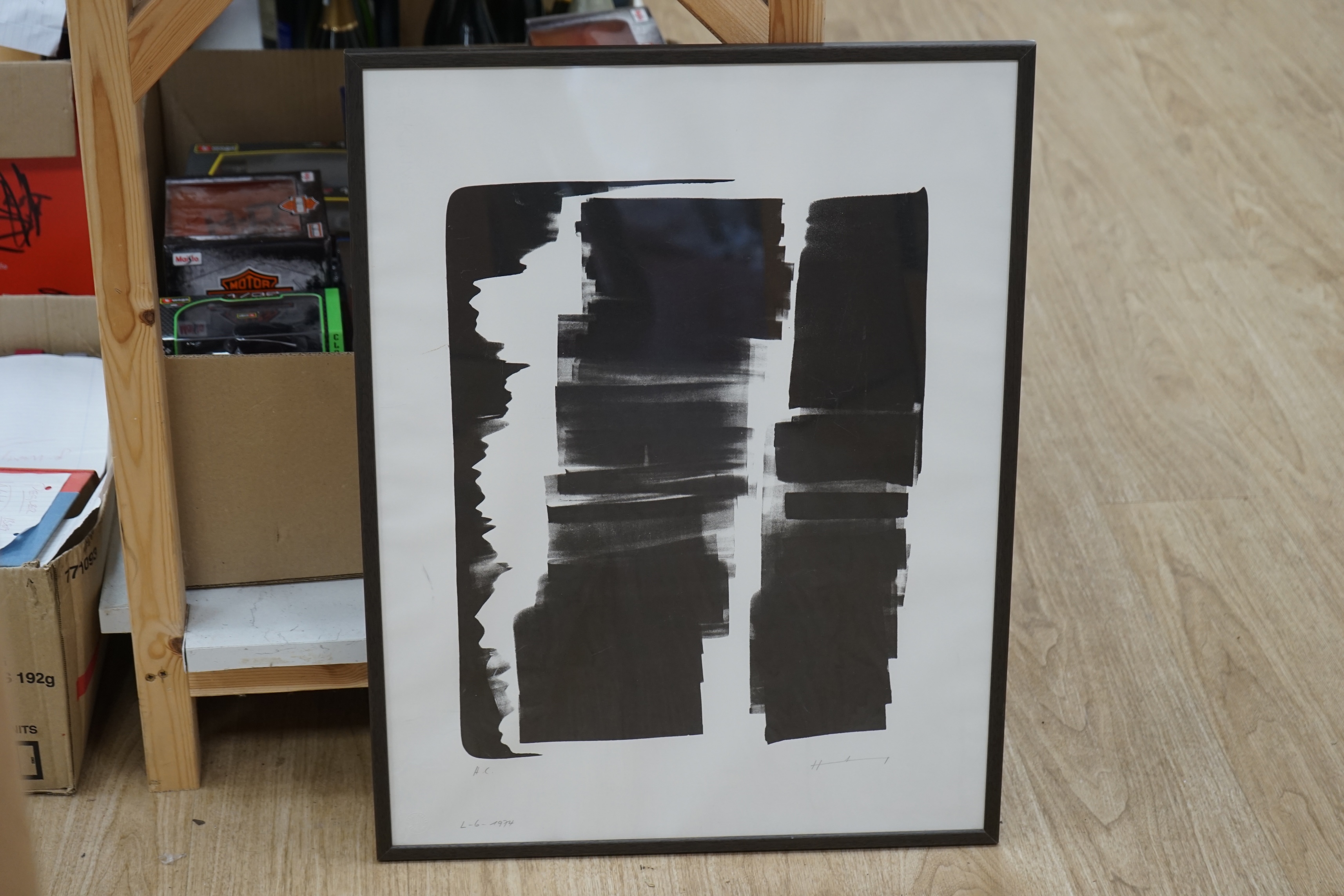 Hans Hartung (German/French, 1904-1989), monochrome lithograph, Abstract composition, ‘L-6’, signed and dated 1974 in pencil, blindstamped Erker Press, 65 x 49cm. Condition - good